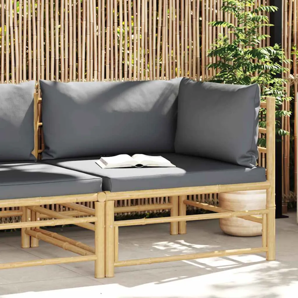 Divano Angolare da Giardino con Cuscini Grigio Cupo Bambù