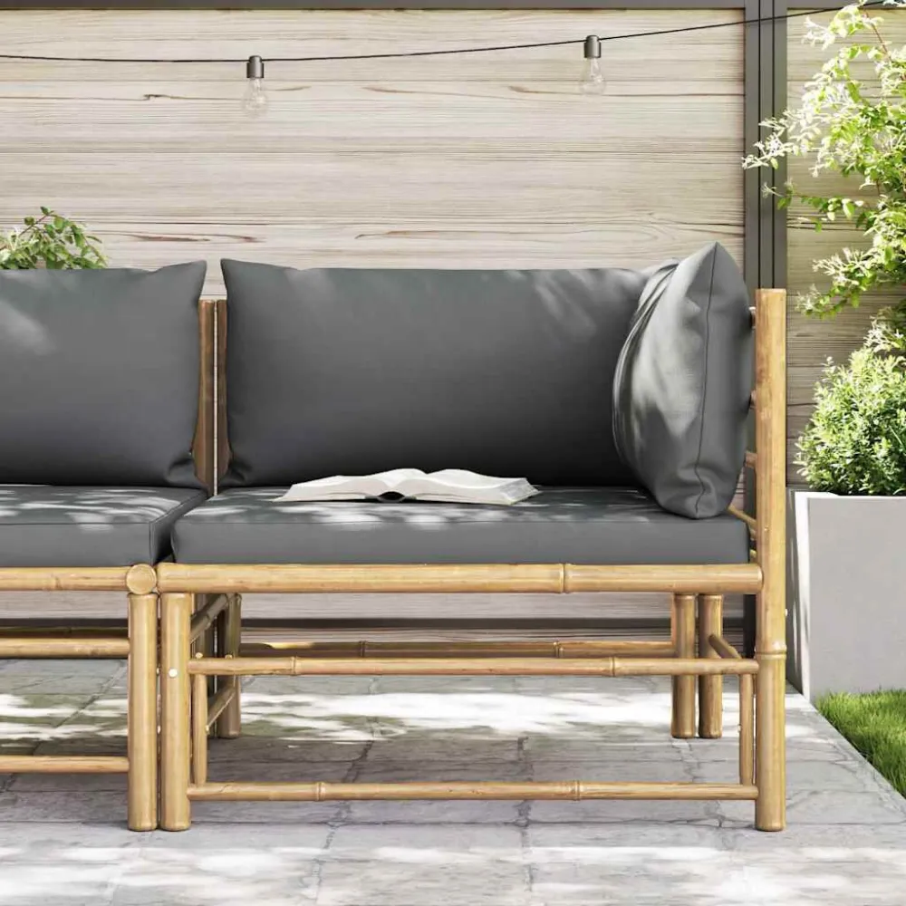 Divano Angolare da Giardino con Cuscini Grigio Cupo Bambù