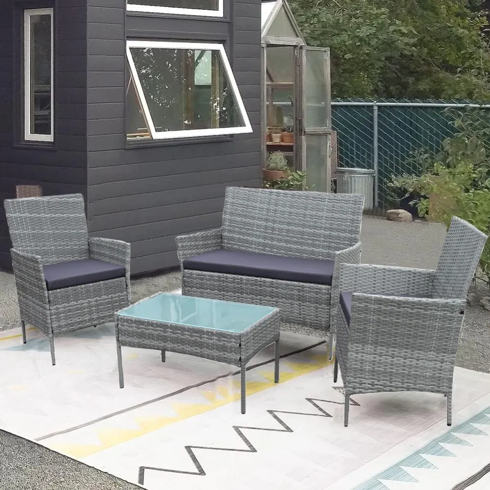 Set Salotto Completo Divano Poltrone Tavolino Poly Rattan Arredo Giardino Grigio