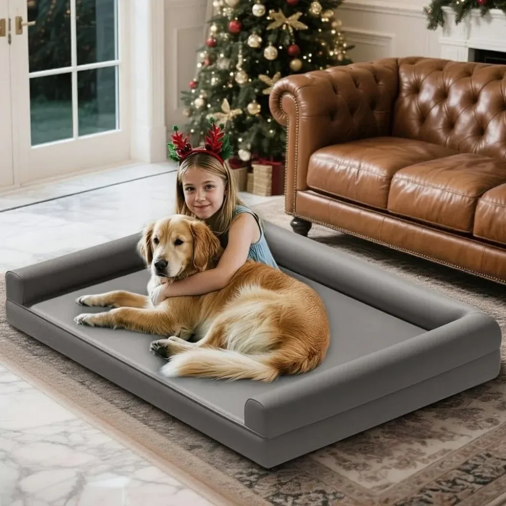 CALMDEN – Divano ortopedico per cani microfibra di pelle con design bolster impermeabile M Cozey Maison