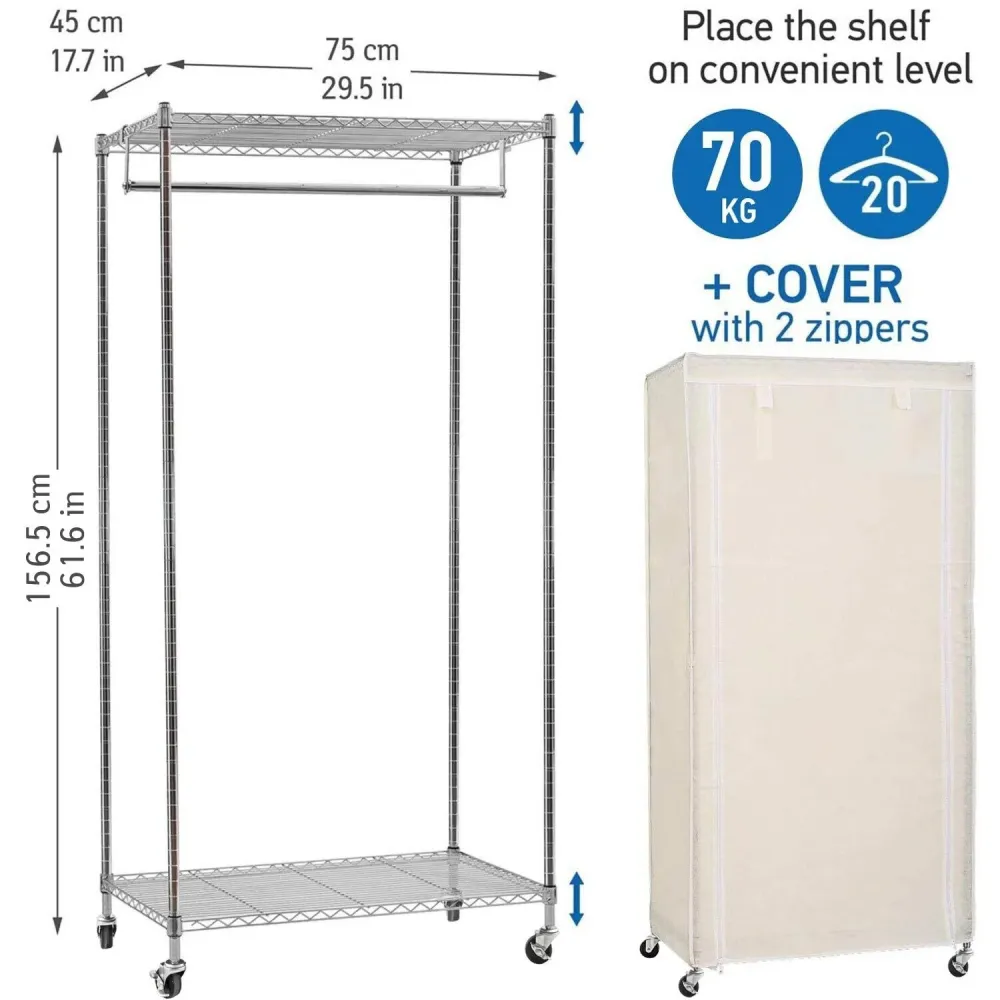 art moon Buffalo - Armadio Tessuto, Resistente, Armadio con Ruote, portata 70kg, Struttura acciaio cromato, 75x45x156.5 cm...