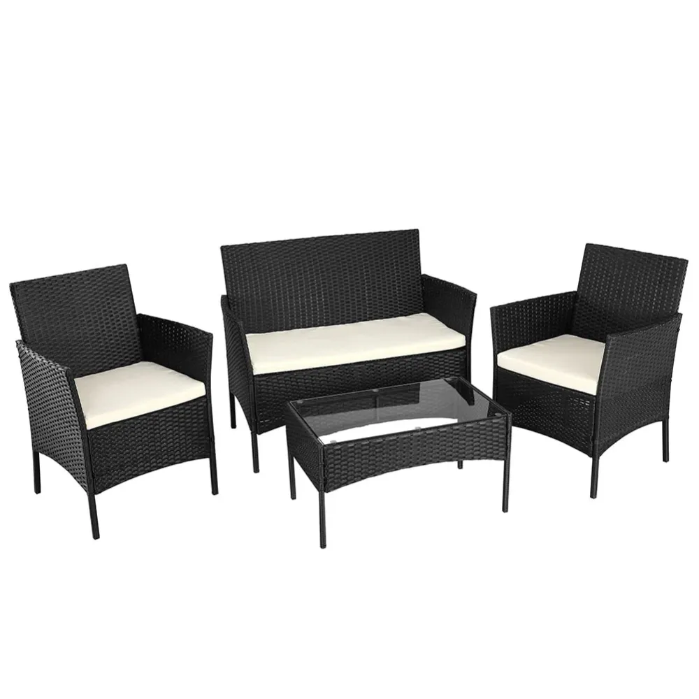 Set Salotto Completo Divano Poltrone Tavolino Rattan Arredo Giardino Nero
