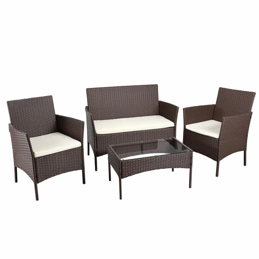 Set Salotto Completo Divano Poltrone Tavolino Rattan Arredo Giardino Marrone