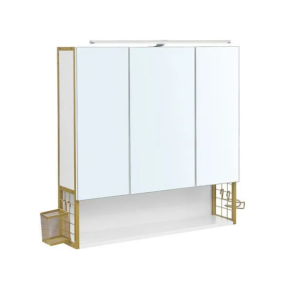 VASAGLE Armadietto specchio da bagno 3 ante con illuminazione e ripiano regolabile altezza oro BBK124A10