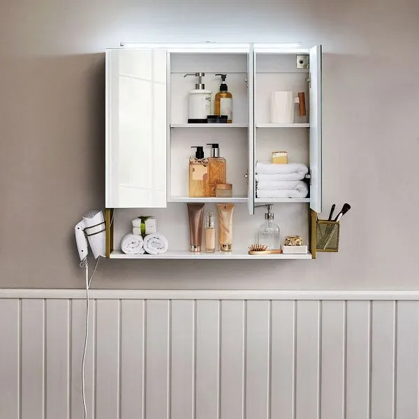 VASAGLE Armadietto specchio da bagno 3 ante con illuminazione e ripiano regolabile altezza oro BBK124A10
