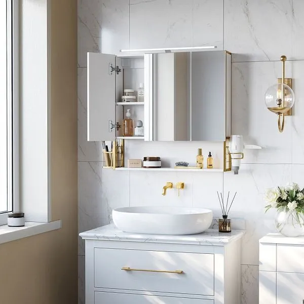 VASAGLE Armadietto specchio da bagno 3 ante con illuminazione e ripiano regolabile altezza oro BBK124A10