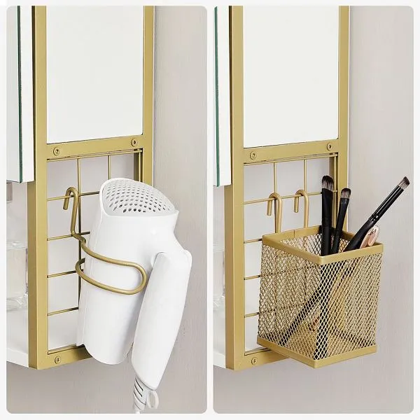 VASAGLE Armadietto specchio da bagno 3 ante con illuminazione e ripiano regolabile altezza oro BBK124A10