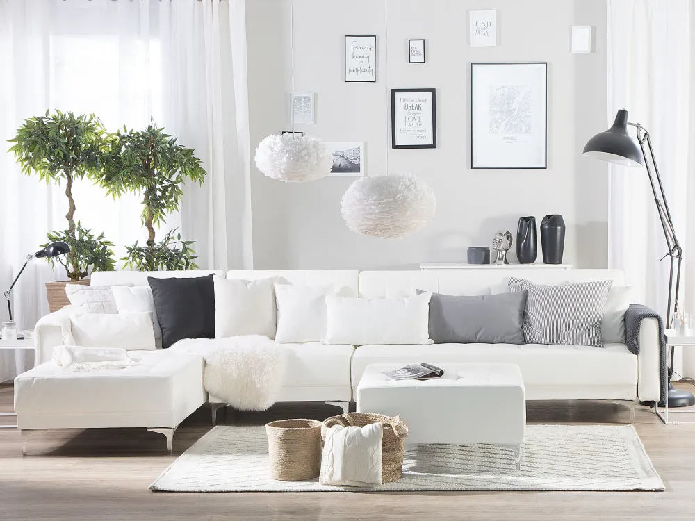 Edizione Limitata Divano letto angolare XXL con ottomano pelle sintetica bianca destro ABERDEEN