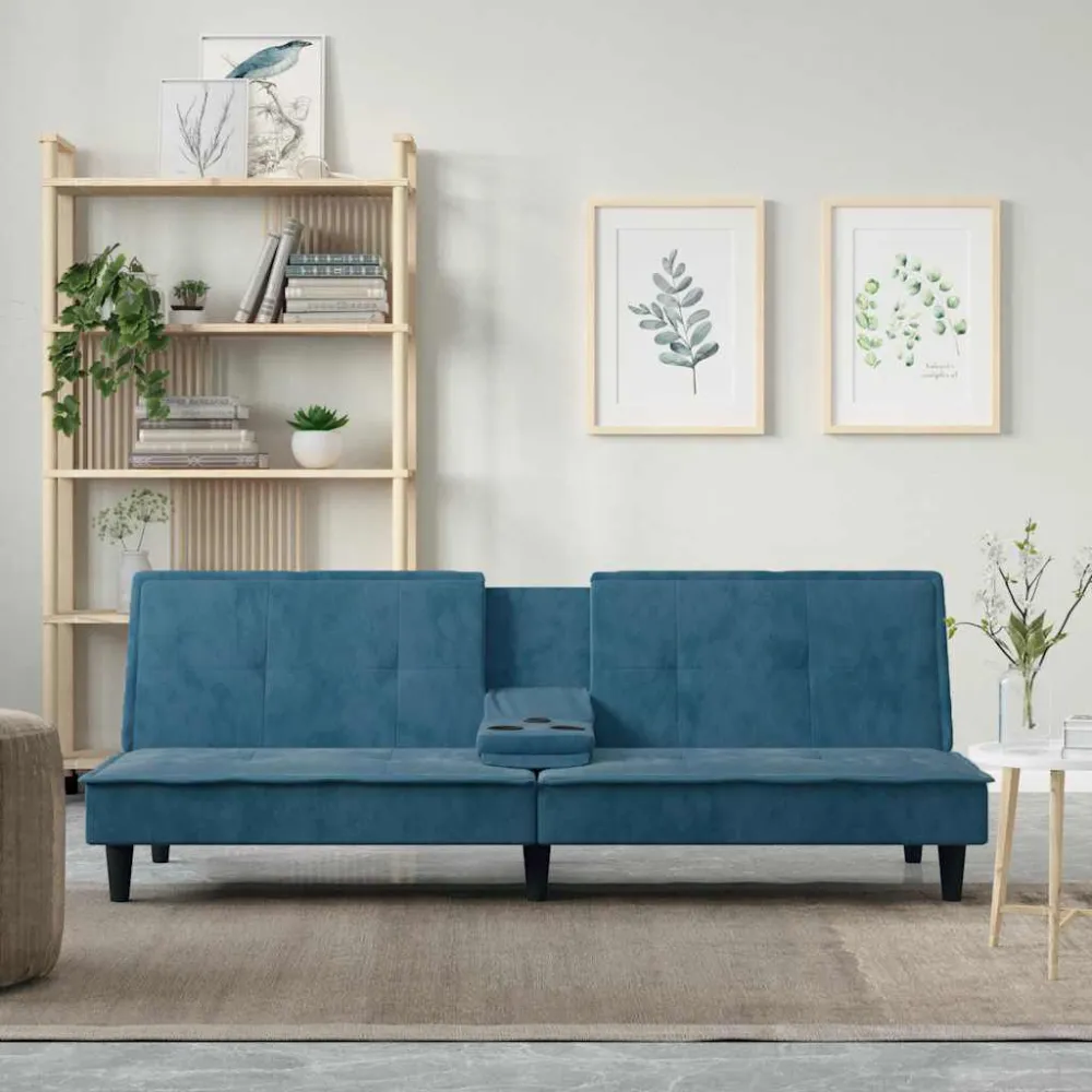 Divano Letto con Portabicchieri Velluto Blu con Cinture di Sicurezza