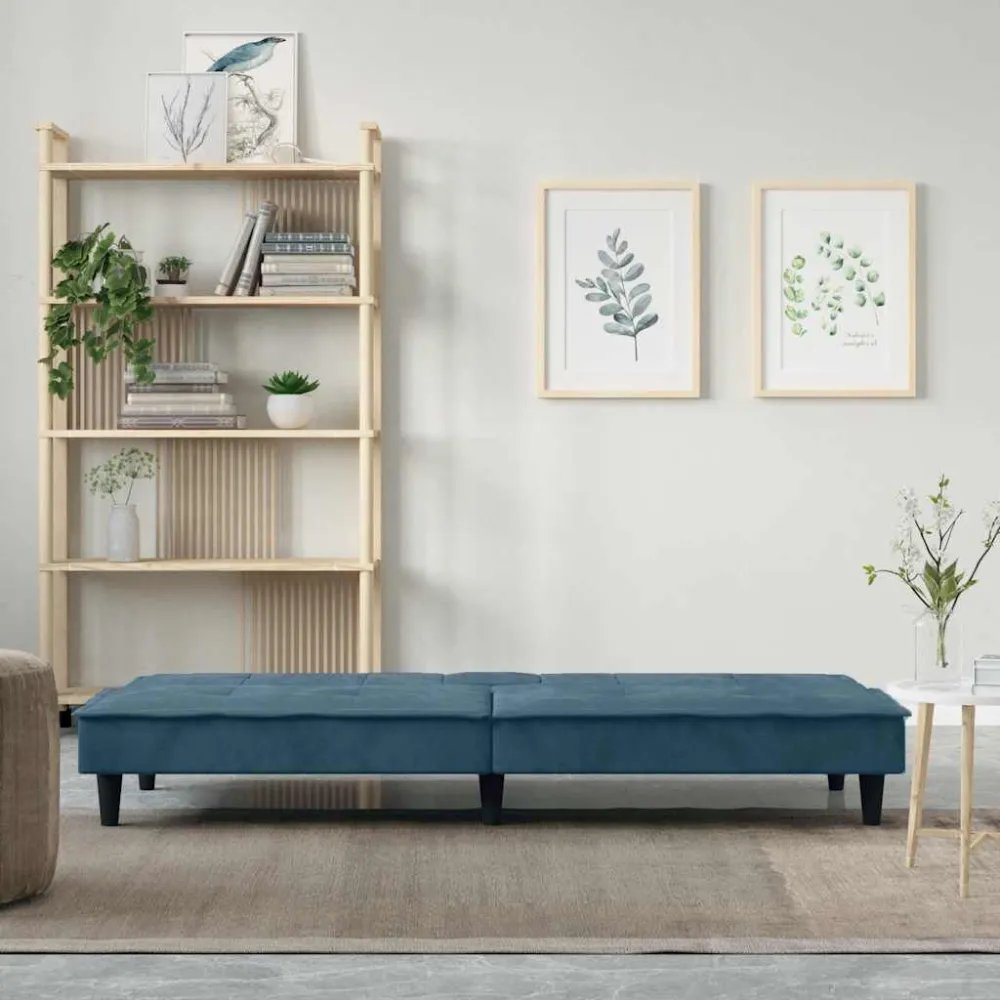 Divano Letto con Portabicchieri Velluto Blu con Cinture di Sicurezza