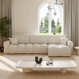 Divano letto angolare reversibile Tessuto bouclette Panna ISSORO con Carcassa Acciaio