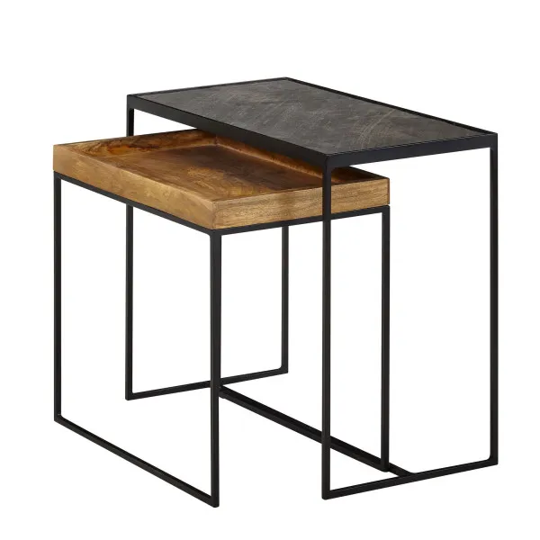 Wohnling Set di 2 Tavolini da Soggiorno Tavolino Quadrato Legno Massello di Mango/Pietra Tavolino di Design Industriale Ta...