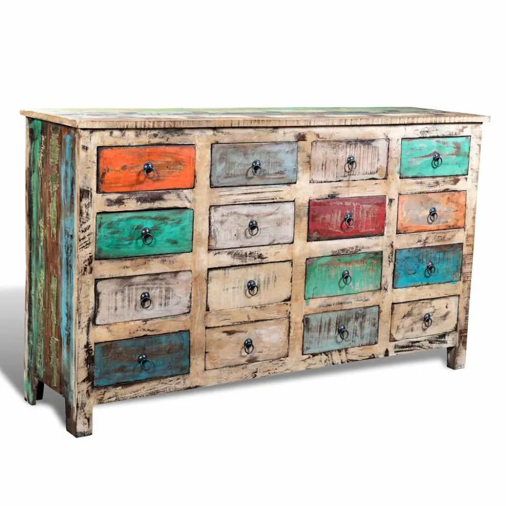 Carrello Portatile Armadietto Massello Riciclato Multicolore con 16 Cassetti