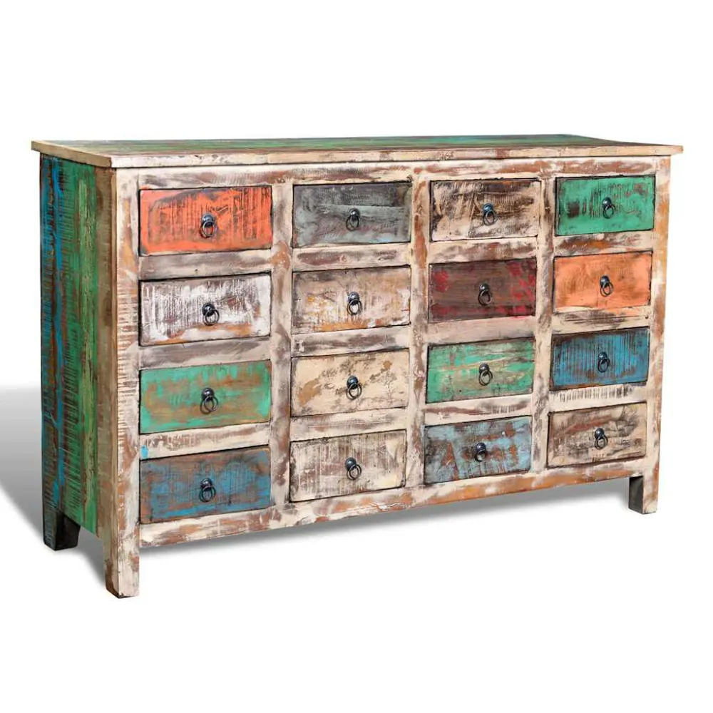 Carrello Portatile Armadietto Massello Riciclato Multicolore con 16 Cassetti
