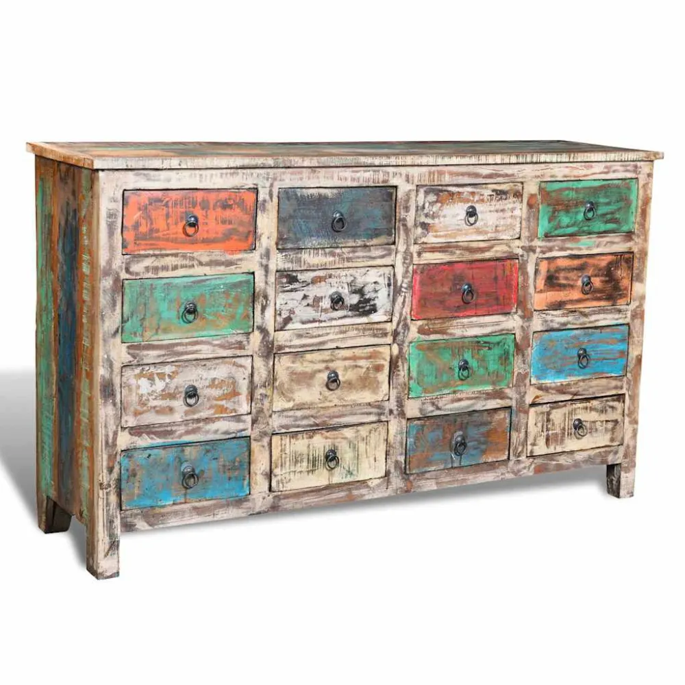 Carrello Portatile Armadietto Massello Riciclato Multicolore con 16 Cassetti