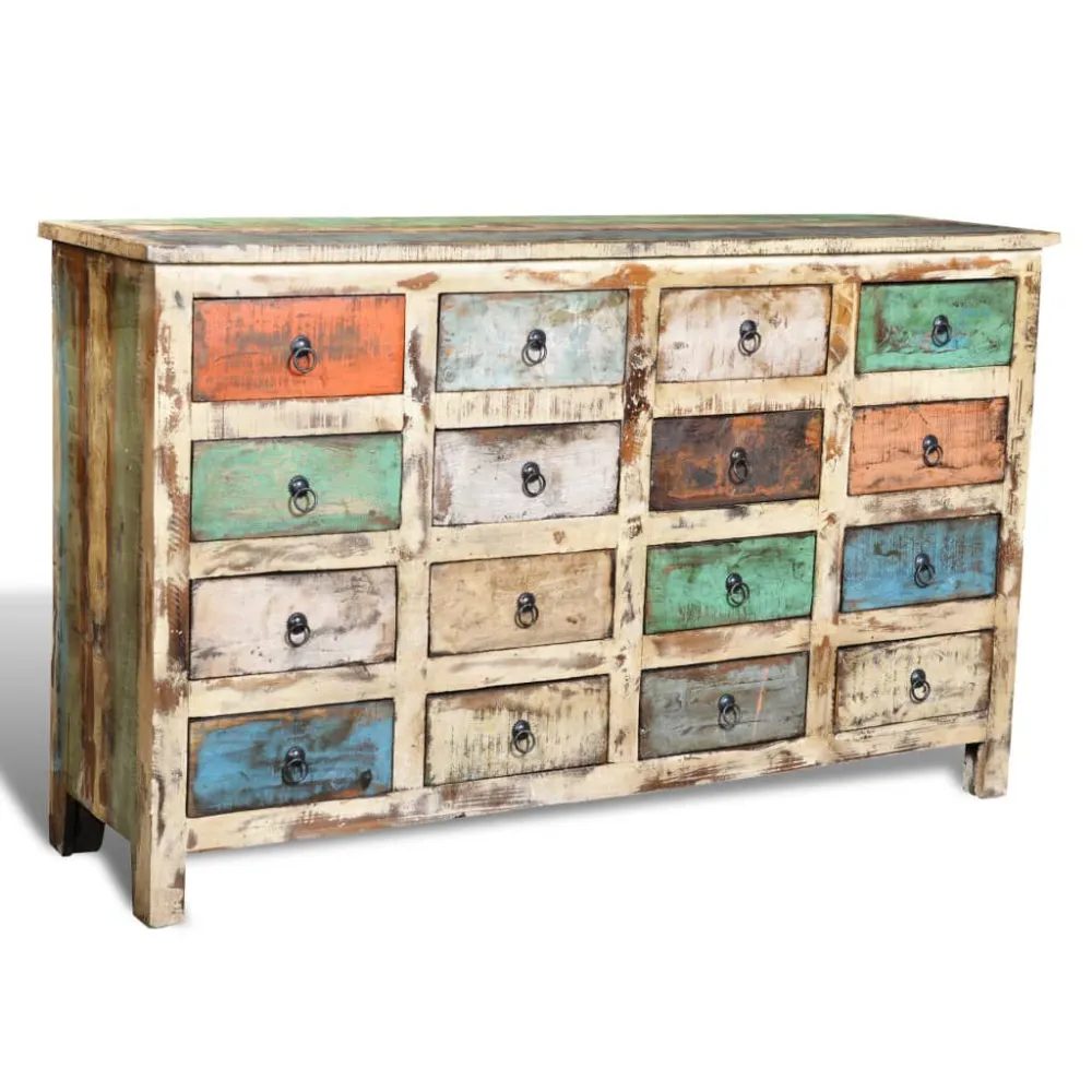 Carrello Portatile Armadietto Massello Riciclato Multicolore con 16 Cassetti