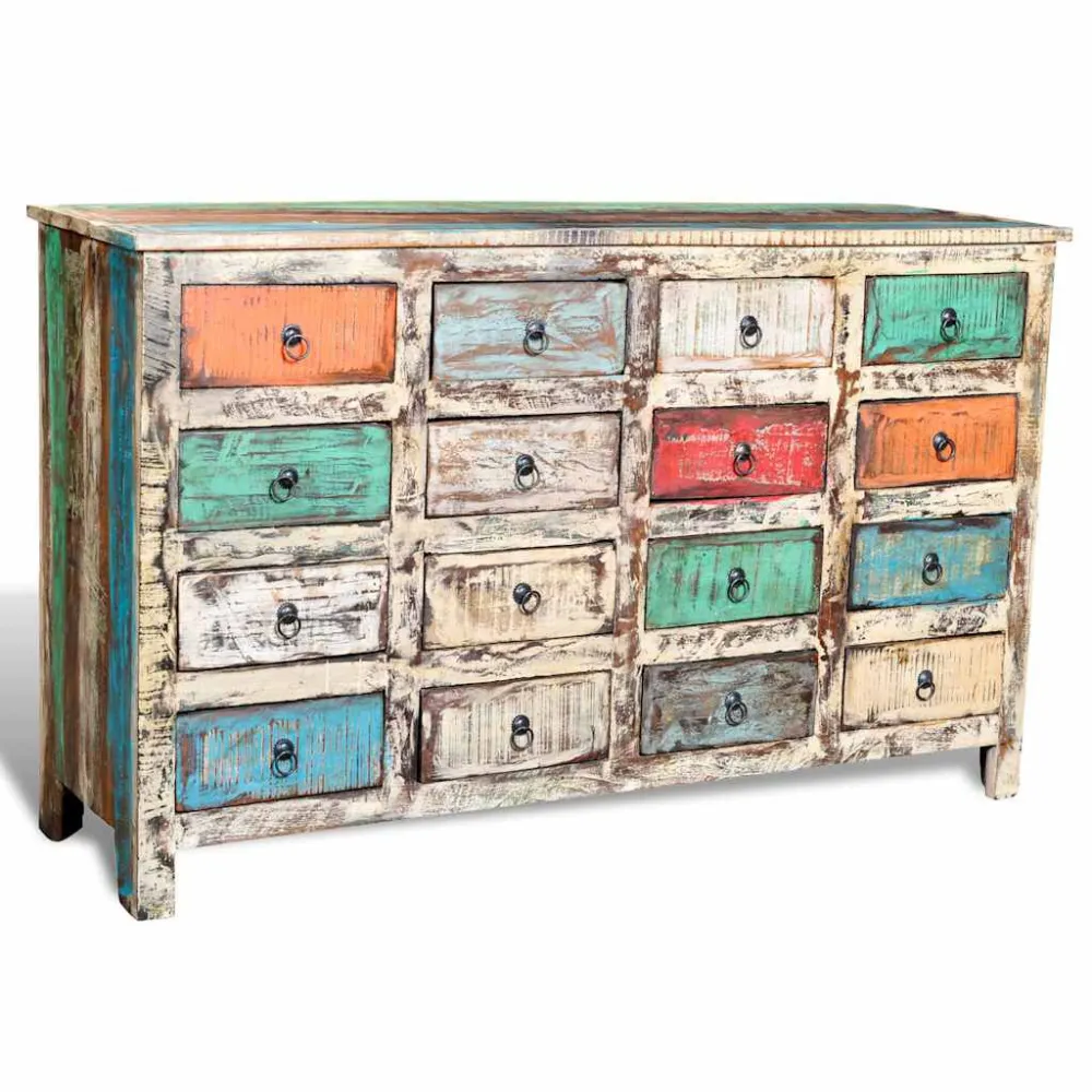 Carrello Portatile Armadietto Massello Riciclato Multicolore con 16 Cassetti
