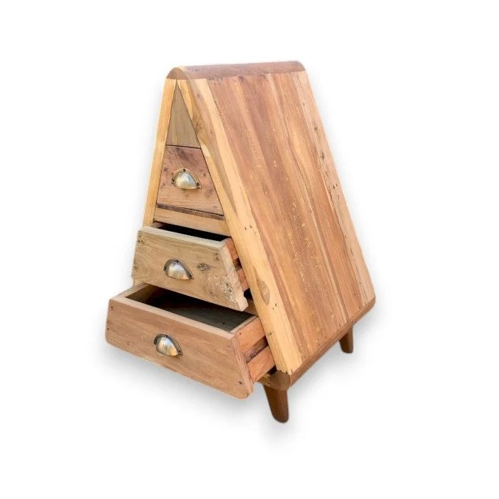Cassettiera triangolare 3 cassetti legno di teak riciclato