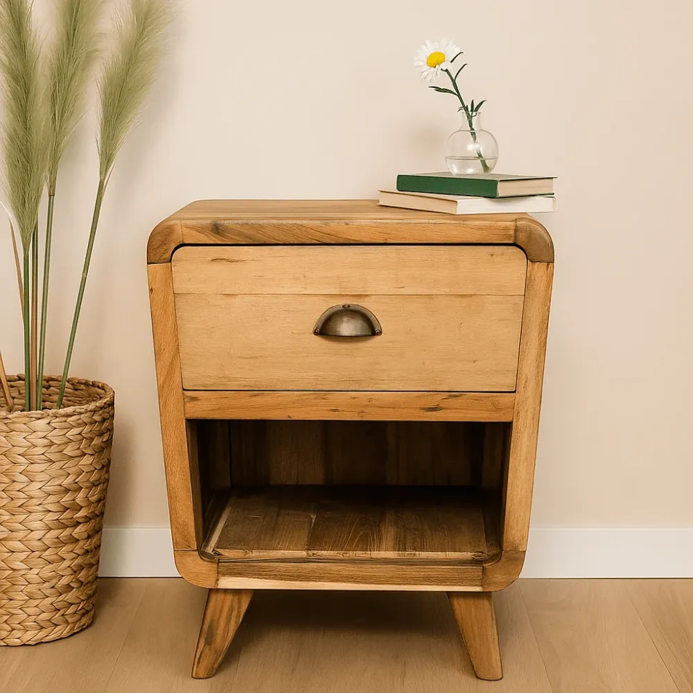 Comodino Rotondo Teak Riciclato con 1 Cassetto