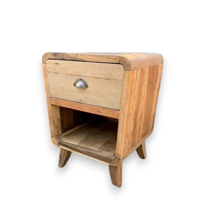 Comodino Rotondo Teak Riciclato con 1 Cassetto
