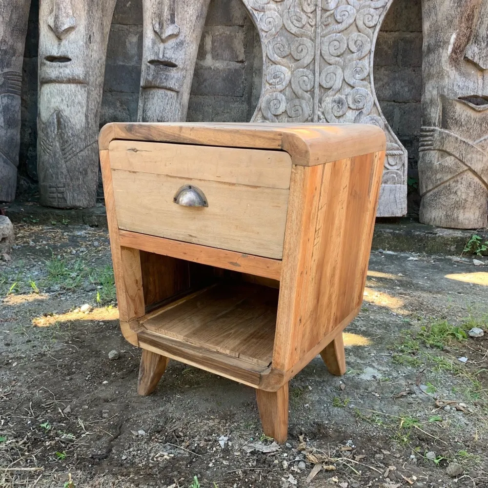 Comodino Rotondo Teak Riciclato con 1 Cassetto