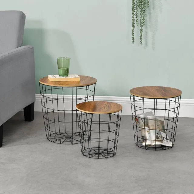CESTO METALLO TAVOLINO TAVOLO DIVANO TAVOLO DIVANO 3 Pezzi Set Decorazione Nero
