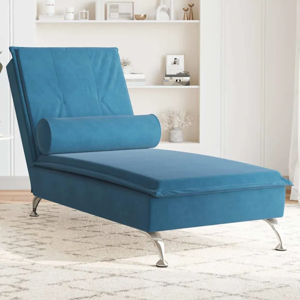 Chaise Longue Massaggi con Cuscino Rullo Blu Velluto