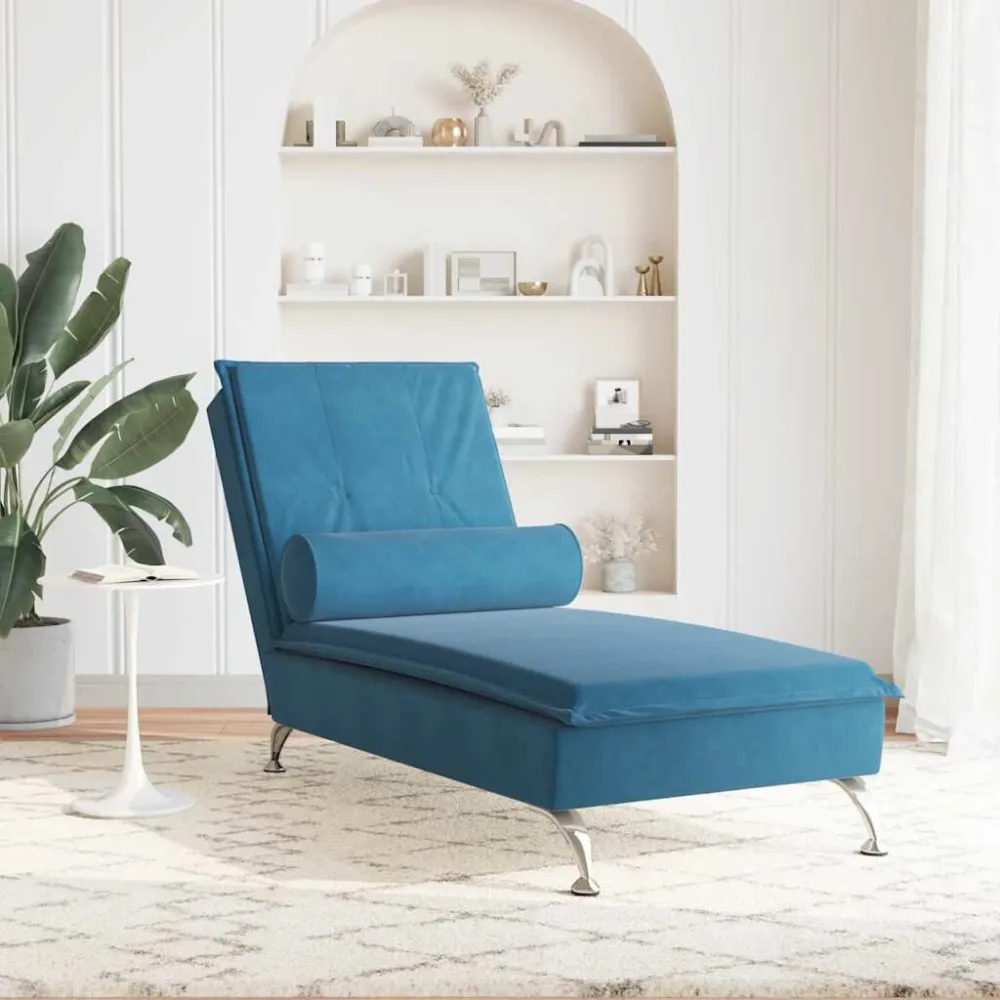 Chaise Longue Massaggi con Cuscino Rullo Blu Velluto