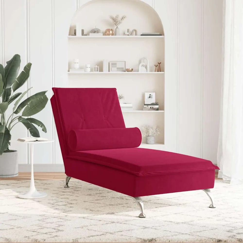 Chaise Longue Massaggi con Cuscino Rullo Rosso Vino Velluto