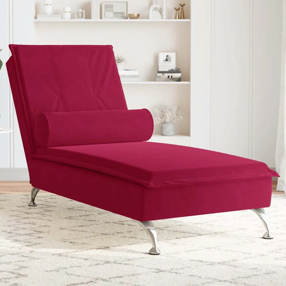 Chaise Longue Massaggi con Cuscino Rullo Rosso Vino Velluto