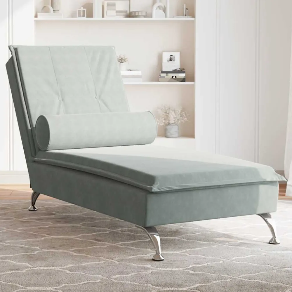 Chaise Longue Massaggi Cuscino Rullo Grigio Chiaro Velluto