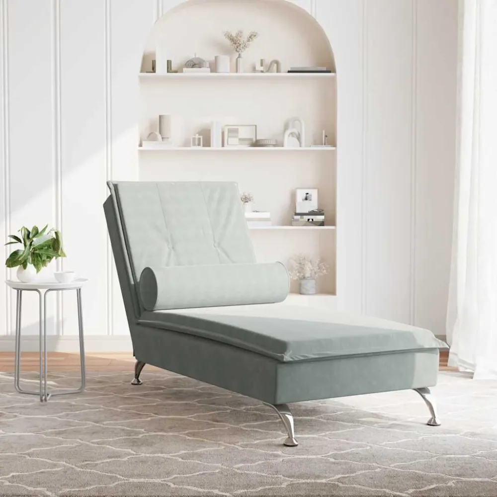 Chaise Longue Massaggi Cuscino Rullo Grigio Chiaro Velluto