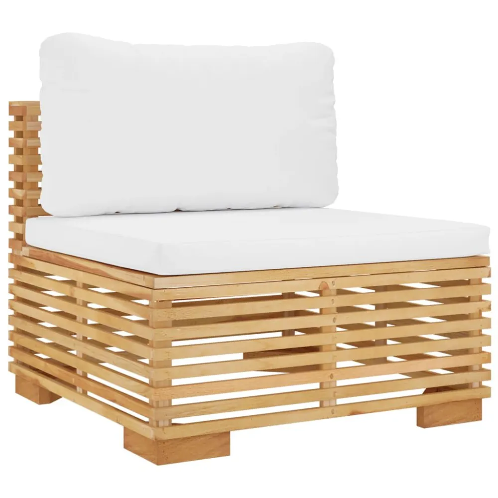 Divano Centrale da Giardino con Cuscini Crema Massello di Teak con Portabicchiere Integrato
