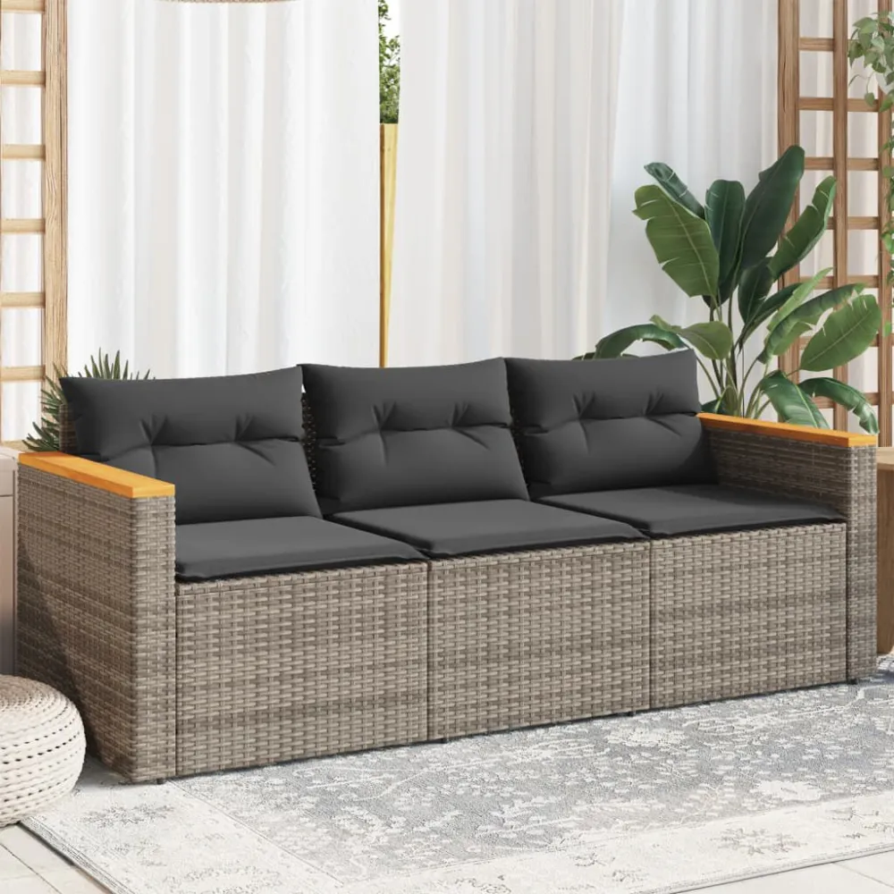 Divano da Giardino con Cuscini 3 Posti Grigio Polyrattan per Giardino e Spiaggia