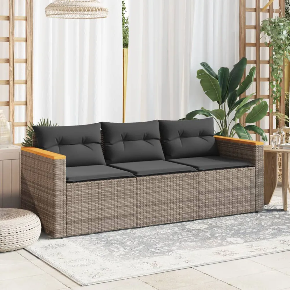 Divano da Giardino con Cuscini 3 Posti Grigio Polyrattan per Giardino e Spiaggia