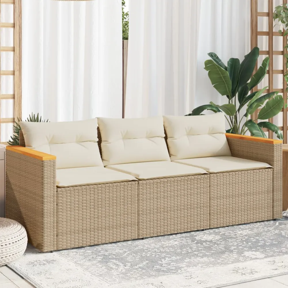 Divano da Giardino con Cuscini 3 Posti Panna Polyrattan