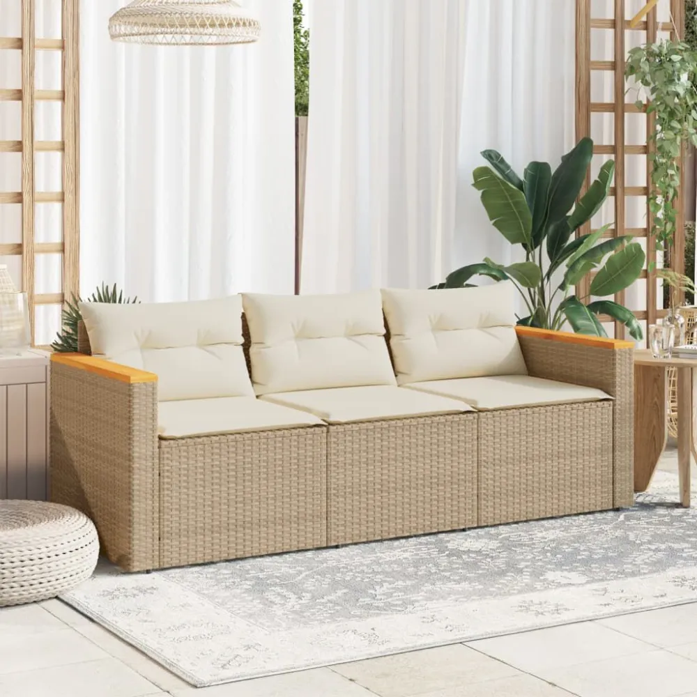 Divano da Giardino con Cuscini 3 Posti Panna Polyrattan