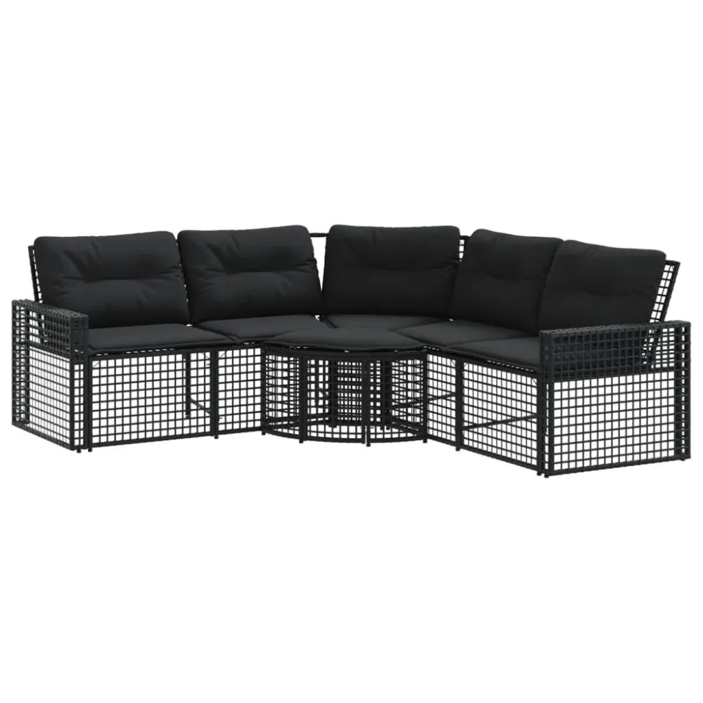 Divano da Giardino L con Cuscini e Pouf Nero Polyrattan per Giardino e Spiaggia