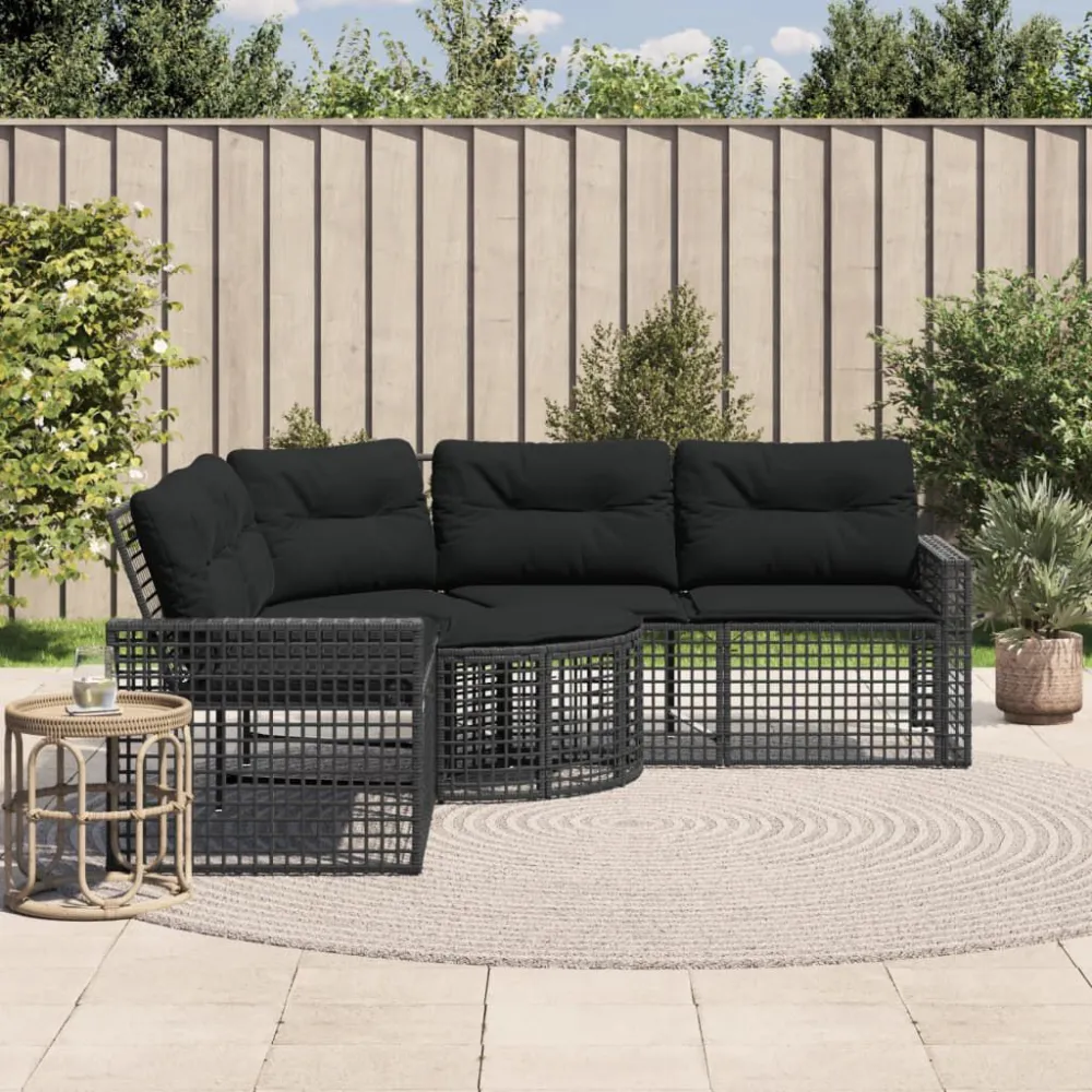 Divano da Giardino L con Cuscini e Pouf Nero Polyrattan per Giardino e Spiaggia