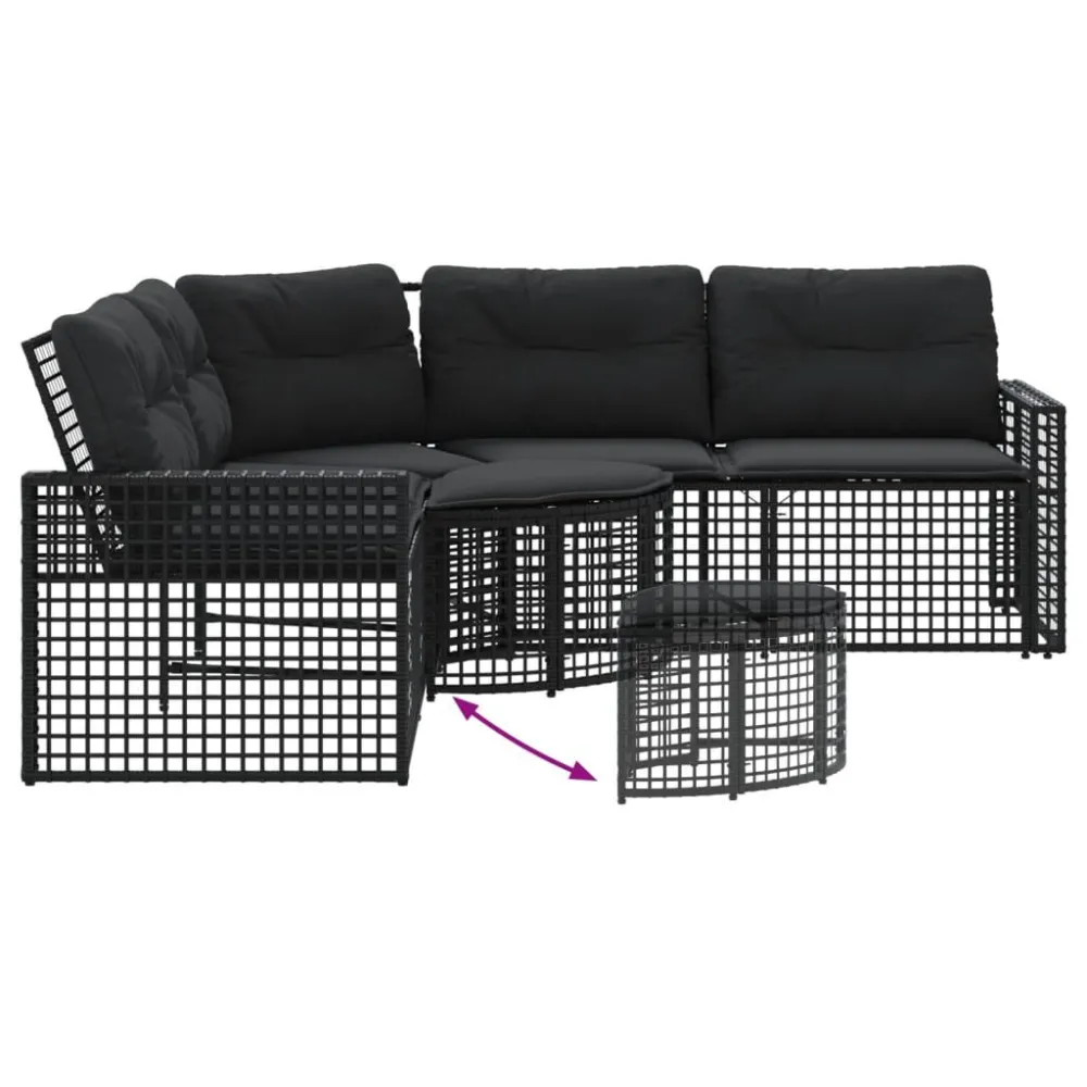 Divano da Giardino L con Cuscini e Pouf Nero Polyrattan per Giardino e Spiaggia