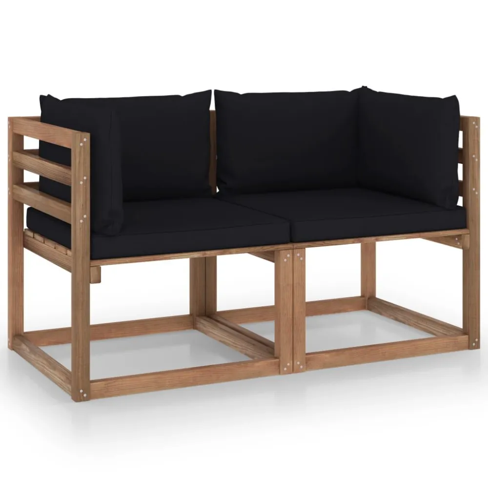 Divano da Giardino Pallet 2 Posti con Cuscini Neri Legno Pino Easy Storage