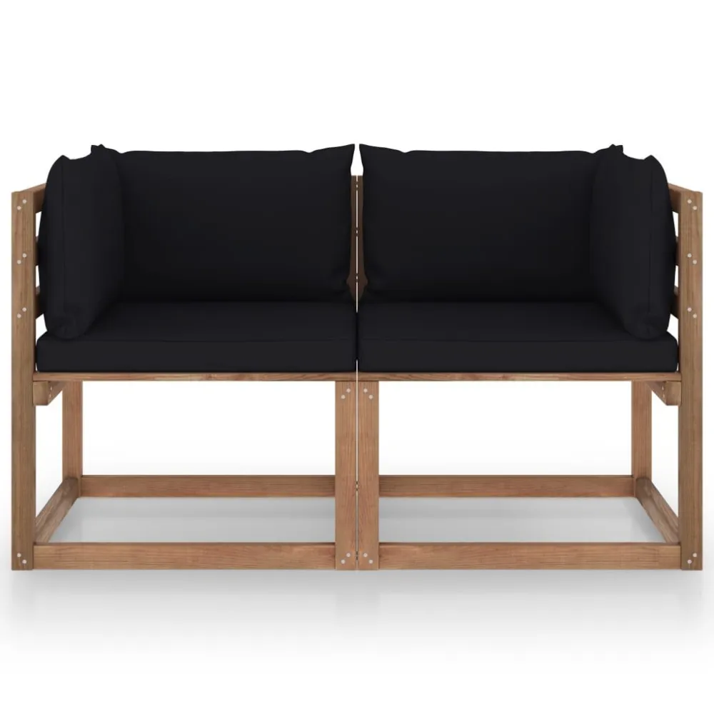 Divano da Giardino Pallet 2 Posti con Cuscini Neri Legno Pino Easy Storage