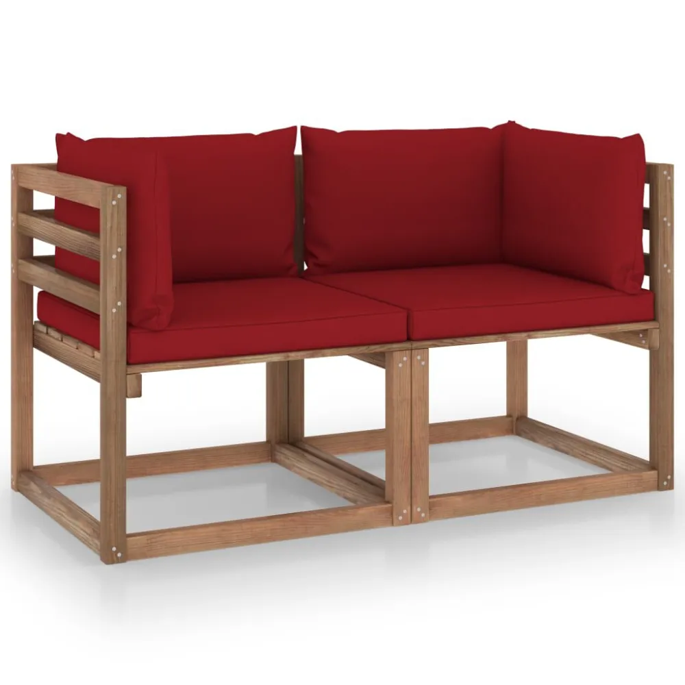 Divano da Giardino Pallet 2 Posti Cuscini Rosso Vino Legno Pino per Relax all'Aperto