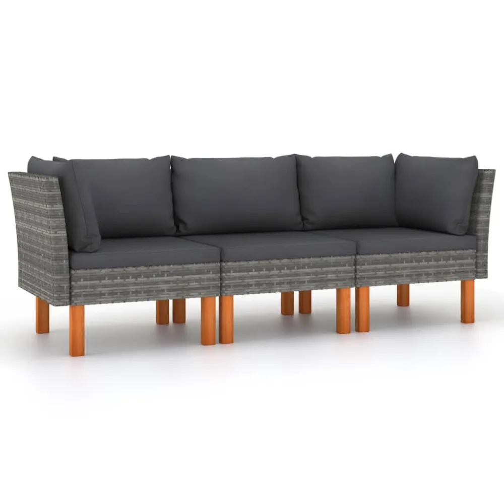 Divano da Giardino 3 Posti con Cuscini Grigio Polyrattan con Rivestimento Tessuto