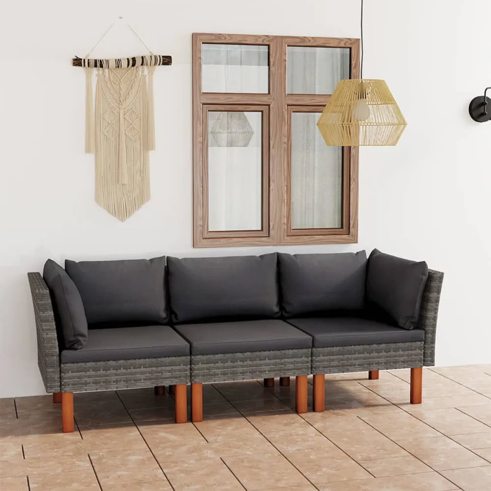 Divano da Giardino 3 Posti con Cuscini Grigio Polyrattan con Rivestimento Tessuto