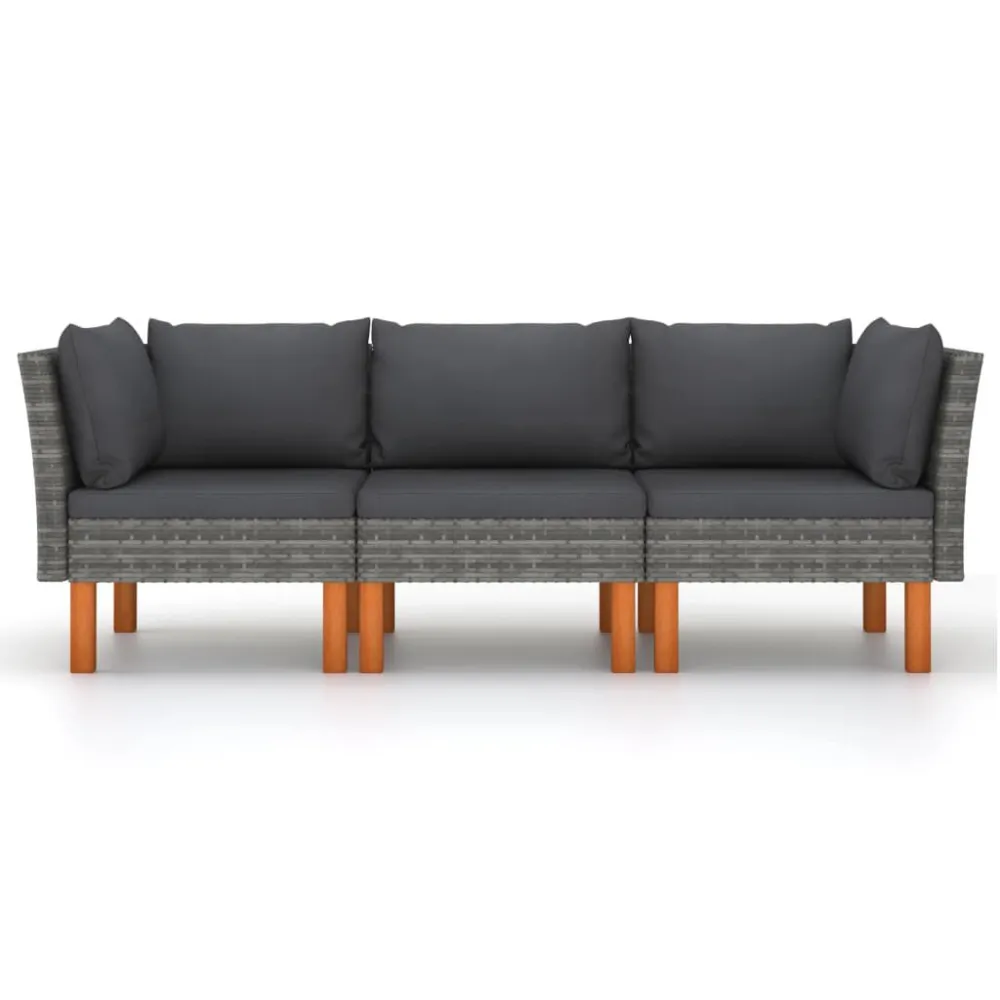 Divano da Giardino 3 Posti con Cuscini Grigio Polyrattan con Rivestimento Tessuto
