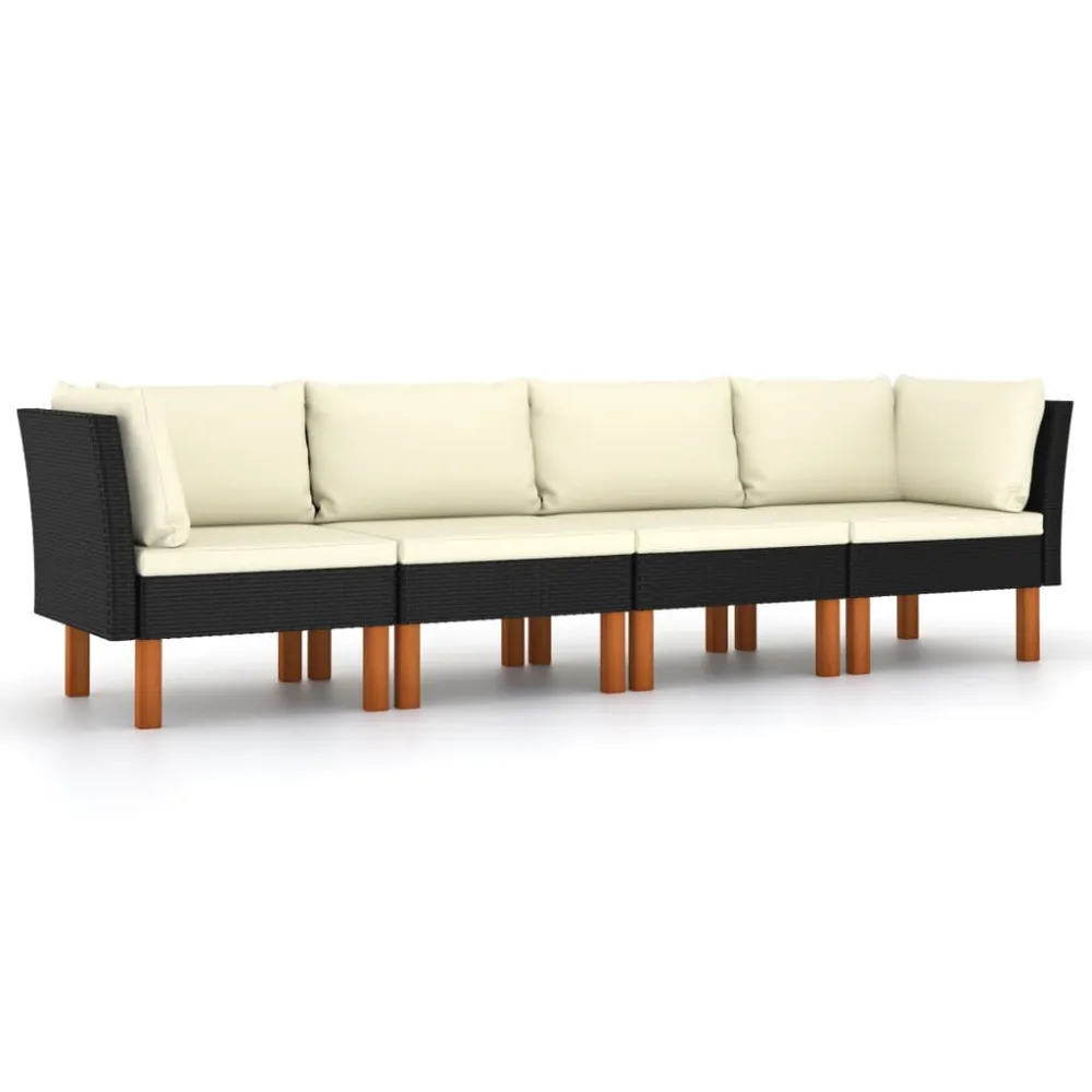 Divano da Giardino 4 Posti con Cuscini Nero Polyrattan con Rivestimento Tessuto