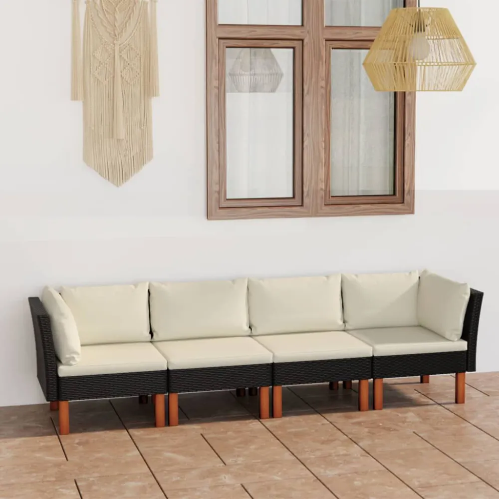 Divano da Giardino 4 Posti con Cuscini Nero Polyrattan con Rivestimento Tessuto