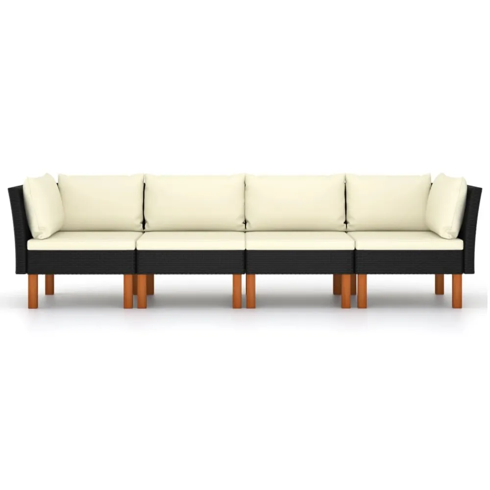 Divano da Giardino 4 Posti con Cuscini Nero Polyrattan con Rivestimento Tessuto