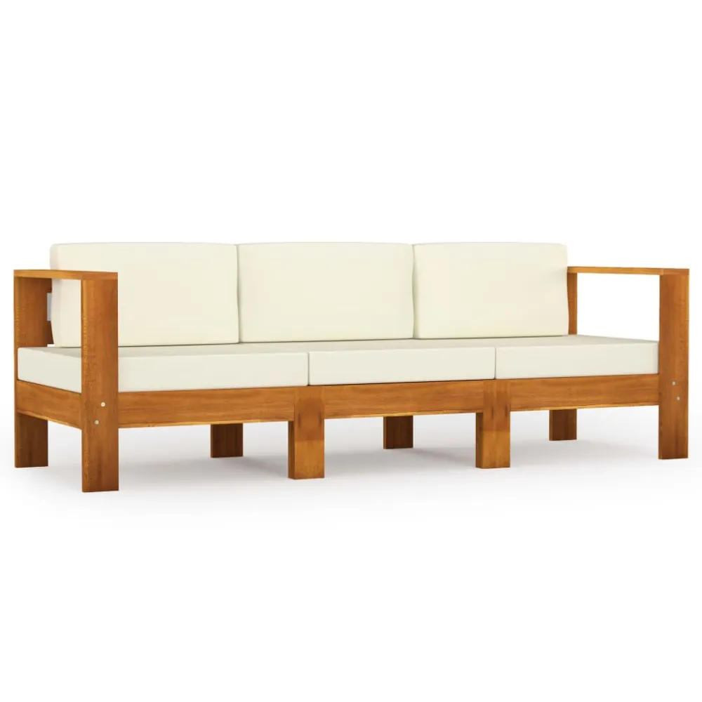 Divano da Giardino 3 Posti Cuscini Bianco Crema Massello Acacia con Sistema di Montaggio Rapido